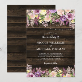 Invitación Boda Rústico Purple Floral String Lights
