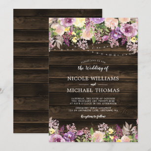 Invitación Boda Rústico Purple Floral String Lights
