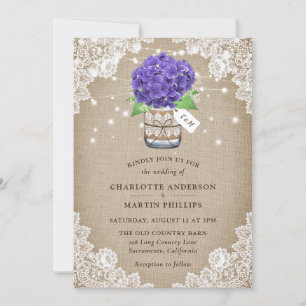 Invitación Boda Rústico Purple Hydrangea Burlap Lace