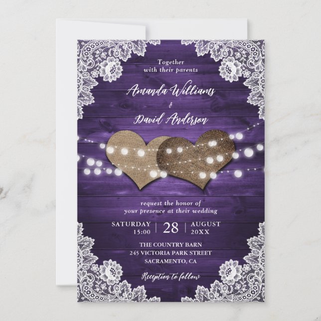 Invitación Boda Rústico Purple Wood Burlap Lace Lights (Anverso)