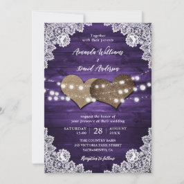 Invitación Boda Rústico Purple Wood Burlap Lace Lights