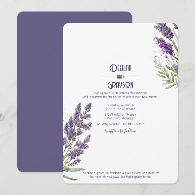 Invitación Boda Rústico Púrpura de Flores De Lavanda (Anverso / Reverso)