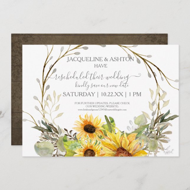 Invitación Boda Rústico Reprogramado Script Madera de girasol (Anverso / Reverso)