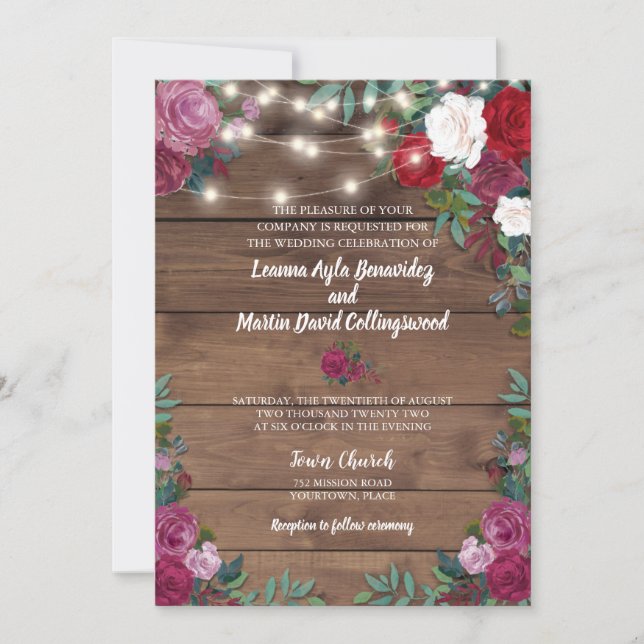 Invitación Boda Rústico Rosa de Letras de Madera (Anverso)