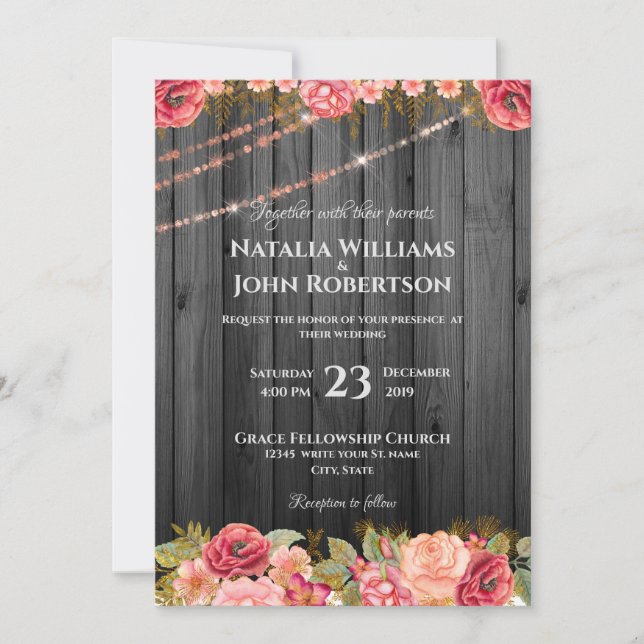 Invitación Boda Rústico Rosa de madera ilumina floral (Anverso)