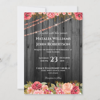 Invitación Boda Rústico Rosa de madera ilumina floral
