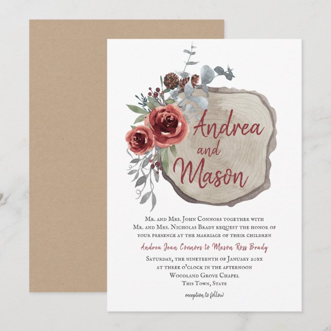 Invitación Boda Rústico Rosa de Wood Slice Marsala (Anverso / Reverso)