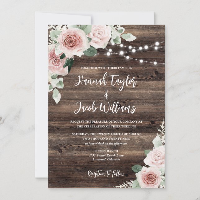 Invitación Boda Rústico Rosa Eucalyptus Letras de Madera (Anverso)