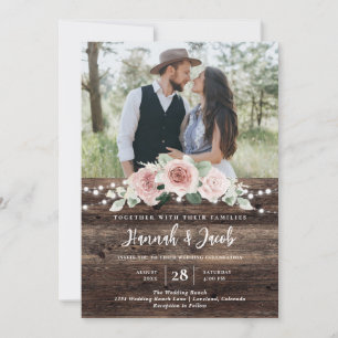 Invitación Boda Rústico Rubor Pink Floral String Light