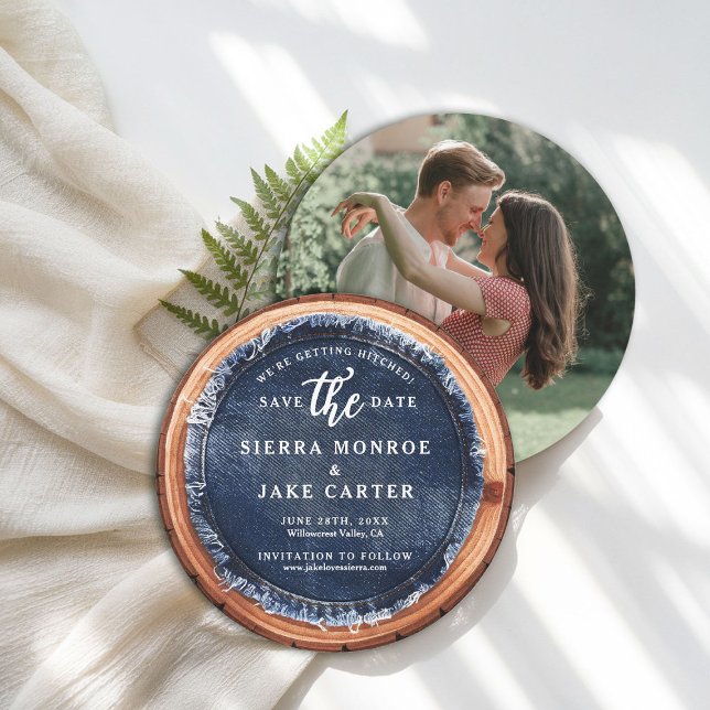 Invitación Boda Rústico Salve Fecha Salto De Madera Cortadora (rustic wedding save the date barn wood slice grain denim ranch country western casual chic)