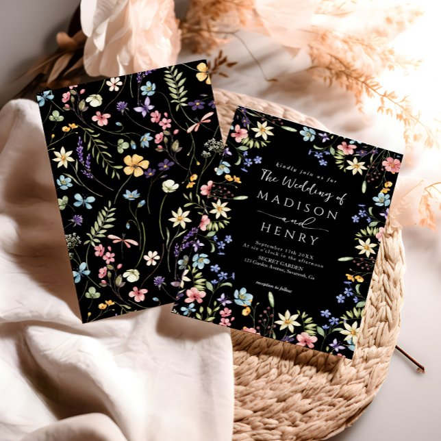 Invitación Boda Rústico Sencillo de Flor Silvestre Negro (Subido por el creador)
