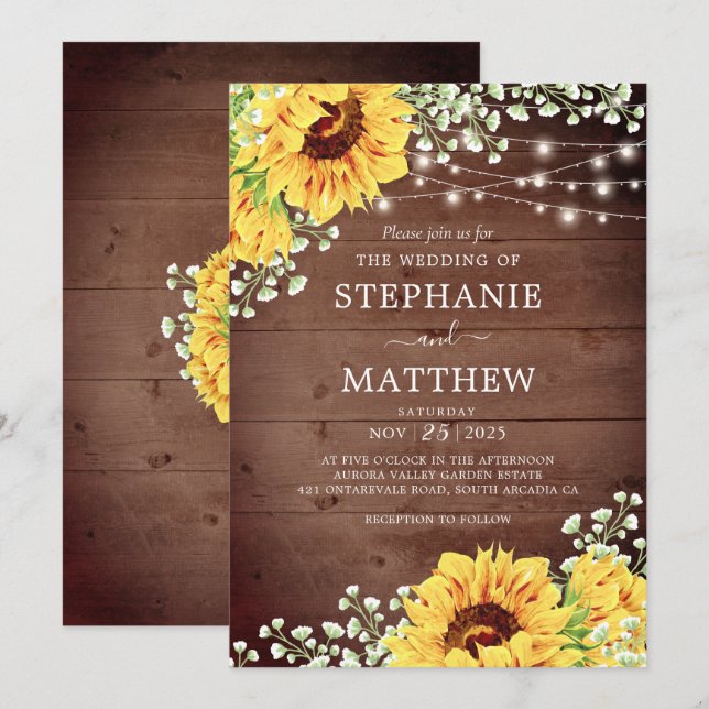Invitación Boda Rústico Sunflowers Babys Breath Lights (Anverso / Reverso)