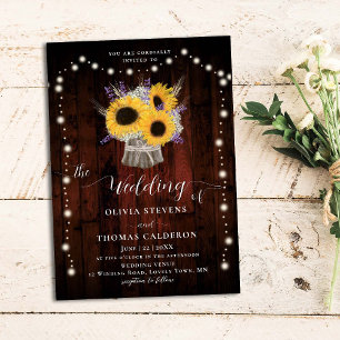 Invitación Boda Rústico Sunflowers Lavender Red Wood Lights