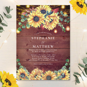 Invitación Boda Rústico Sunflowers Wood Mason Jar Lights