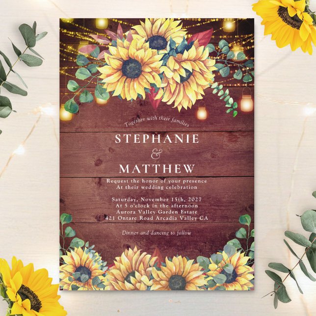 Invitación Boda Rústico Sunflowers Wood Mason Jar Lights (Subido por el creador)