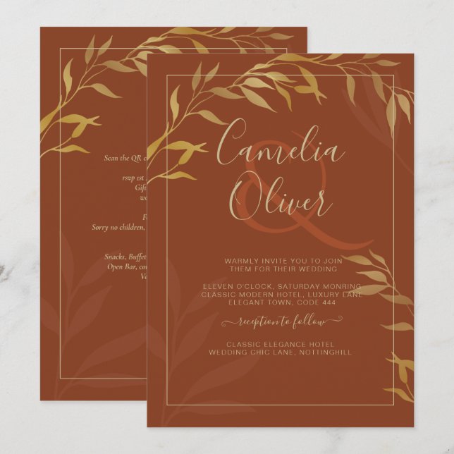 Invitación Boda Rústico Terracota GOLD todo en 1 presupuestad (Anverso / Reverso)