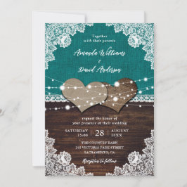 Invitación Boda Rústico Verde azulado Burlap Lace String Ligh