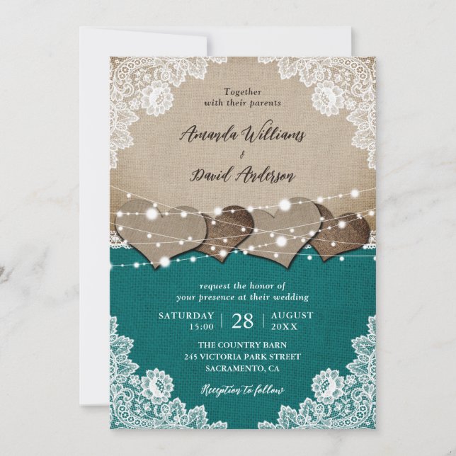 Invitación Boda Rústico Verde azulado Burlap Lace String Ligh (Anverso)