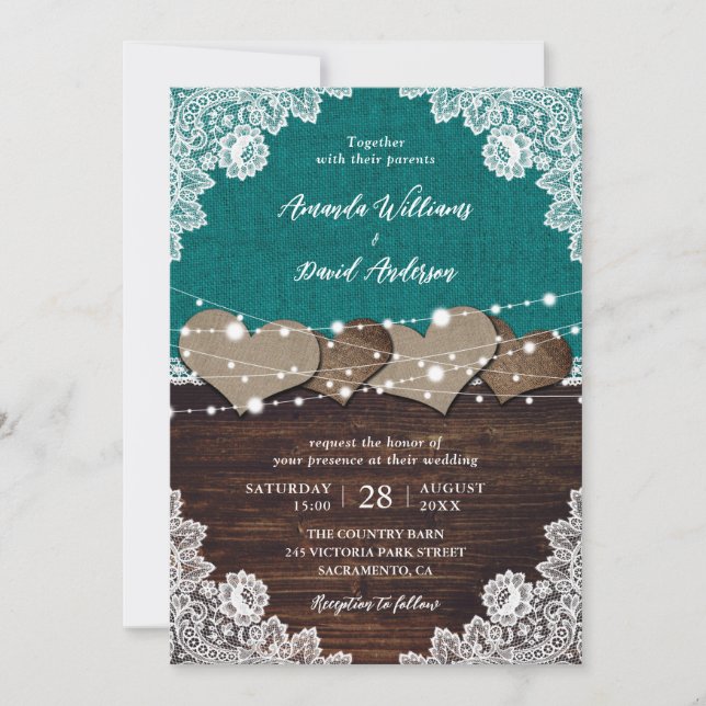 Invitación Boda Rústico Verde azulado Burlap Lace String Ligh (Anverso)