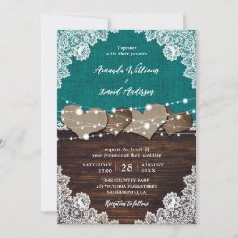 Invitación Boda Rústico Verde azulado Burlap Lace String Ligh