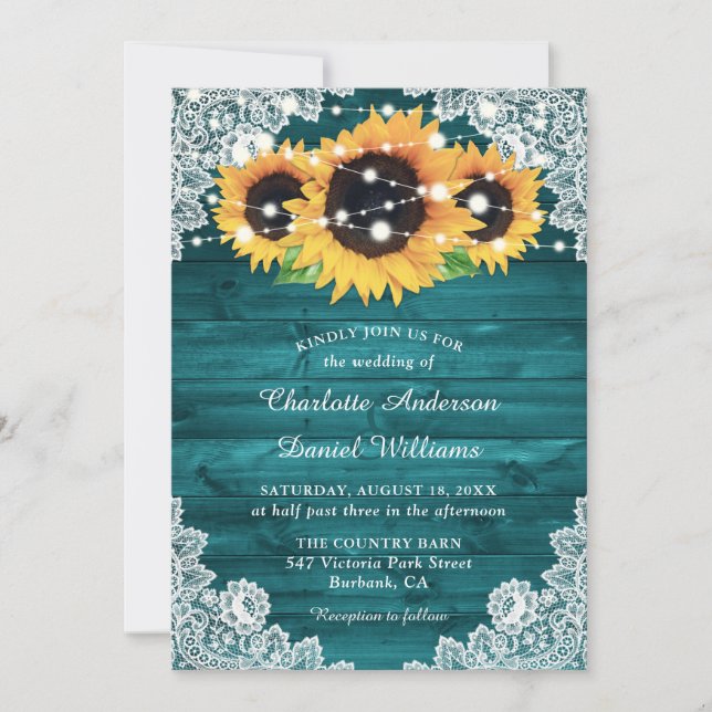 Invitación Boda Rústico verde azulado de Sunflower Wood Lace (Anverso)
