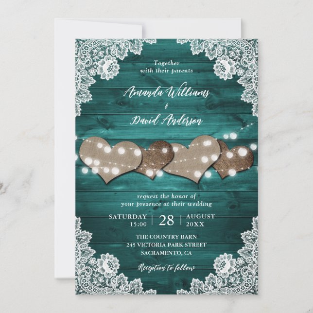 Invitación Boda Rústico verde azulado Rústico Wood Burlap Hea (Anverso)