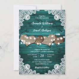 Invitación Boda Rústico verde azulado Rústico Wood Burlap Hea