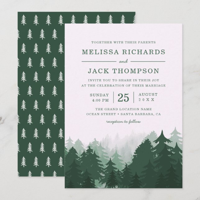 Invitación Boda Rústico Verde del bosque de pinos de invierno (Anverso / Reverso)