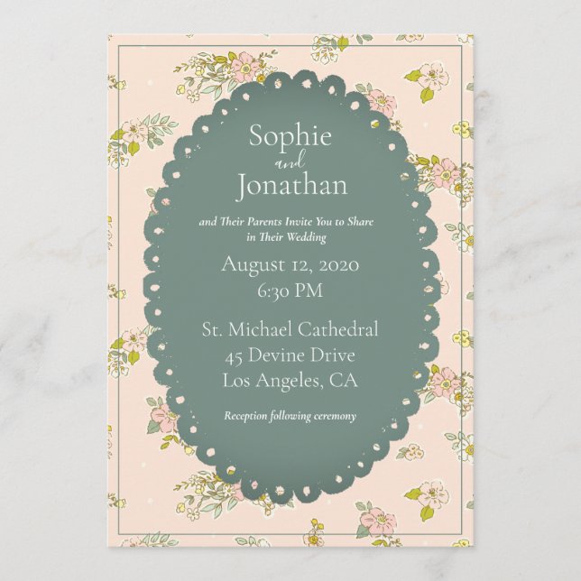 Invitación Boda Rústico Verde Floral de Rubor rosa (Anverso)