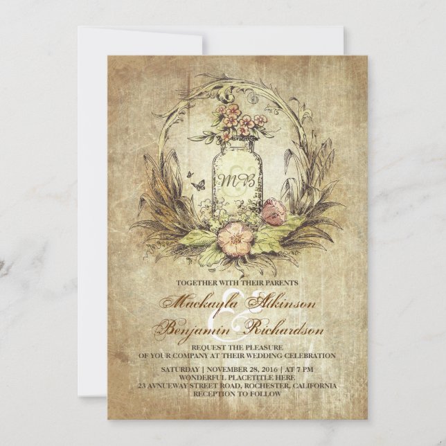 Invitación boda rústico vintage de caramelo floral (Anverso)