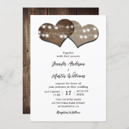 Invitación Boda Rústico Wood Burlap Hearts