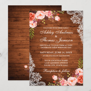 Invitación Boda rústico Wood Coral Floral Lace Invitado