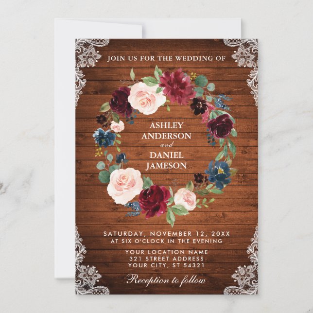 Invitación Boda Rústico Wood Floral Wreath Lace Invitado B (Anverso)