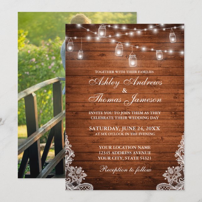 Invitación Boda Rústico Wood Jar String Lights Lace Photo (Anverso / Reverso)