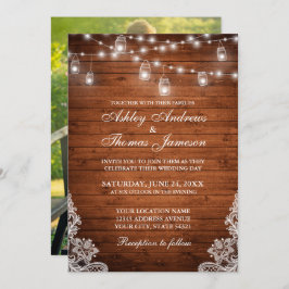 Invitación Boda Rústico Wood Jar String Lights Lace Photo