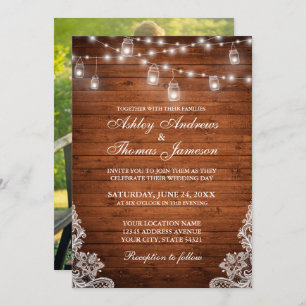 Invitación Boda Rústico Wood Jar String Lights Lace Photo