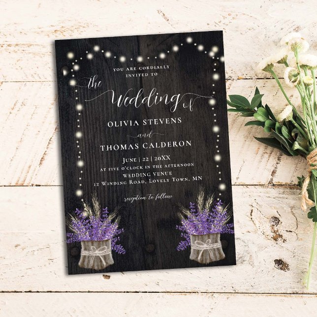 Invitación Boda Rústico Wood Lavender Wheat String Lights (Subido por el creador)