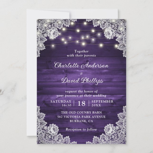 Invitación Boda Rústico Wood Purple Lace String Lights (Anverso)