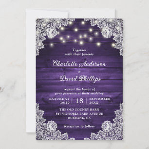 Invitación Boda Rústico Wood Purple Lace String Lights
