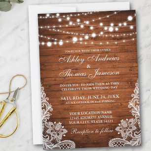 Invitación Boda rústico Wood String Lights Lace Invite