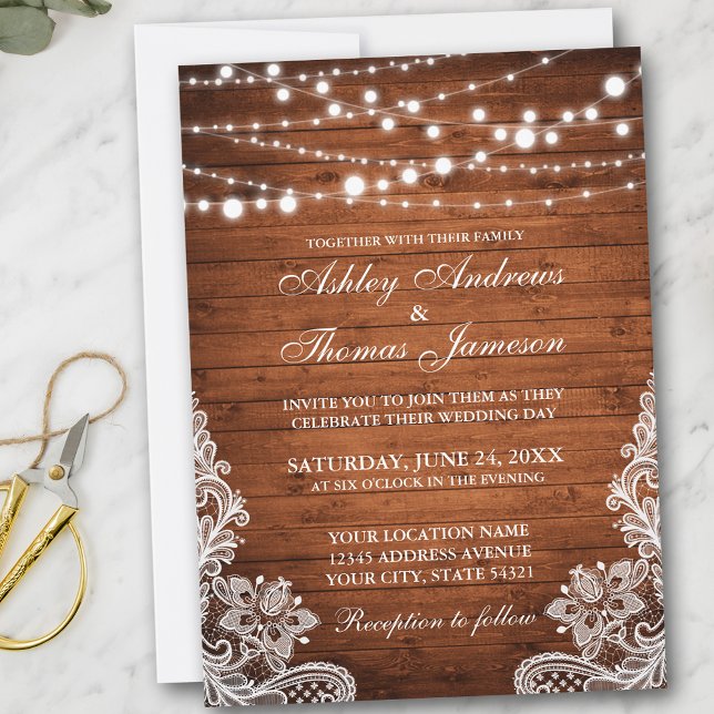 Invitación Boda rústico Wood String Lights Lace Invite (Customize to add more text or photos to back of card.)