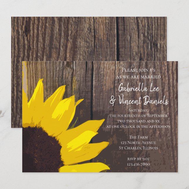 Invitación Boda Rústico Yellow Sunflower and Barn Wood (Anverso / Reverso)