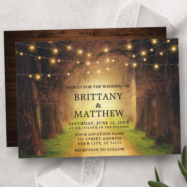 Invitación Boda Rutic Forest Path Wood String Lights (Customize to change text size or text style.)