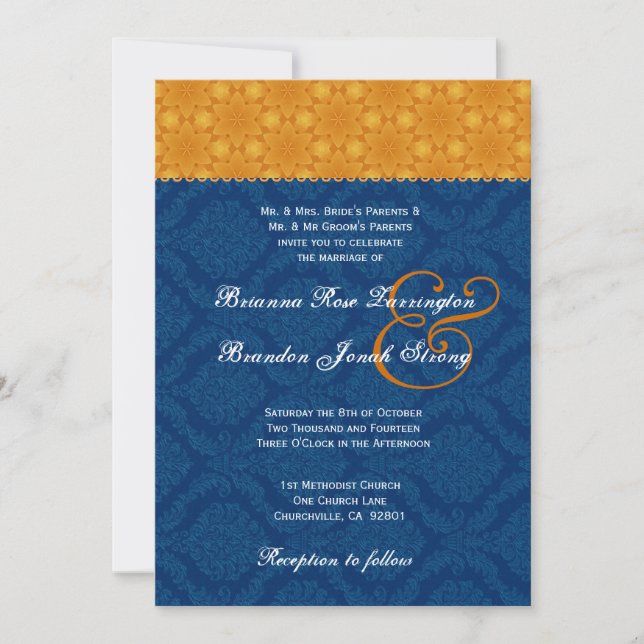 Invitación Boda S200 de la Marina Blue Damask y Gold Stars (Anverso)