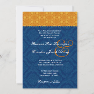Invitación Boda S200 de la Marina Blue Damask y Gold Stars