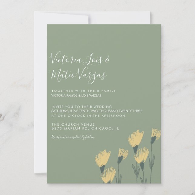 Invitación Boda Sage de flor amarilla y salvaje floral (Anverso)