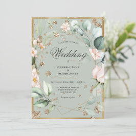 Invitación Boda Sage Green Floral Elegante Gold Watercolor