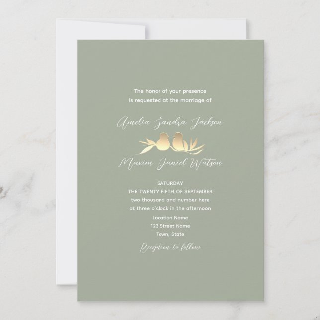Invitación Boda Sage Green Gold Lovebirds (Anverso)