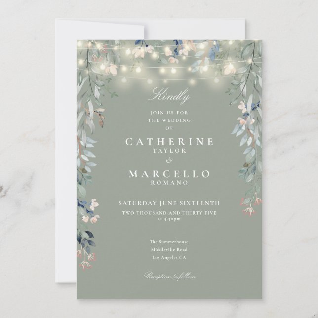 Invitación Boda Sage Green Wildflowers String Lights (Anverso)