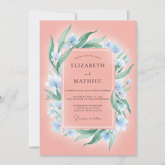 Invitación Boda Salmón Azul Follaje Eucalipto (Anverso)